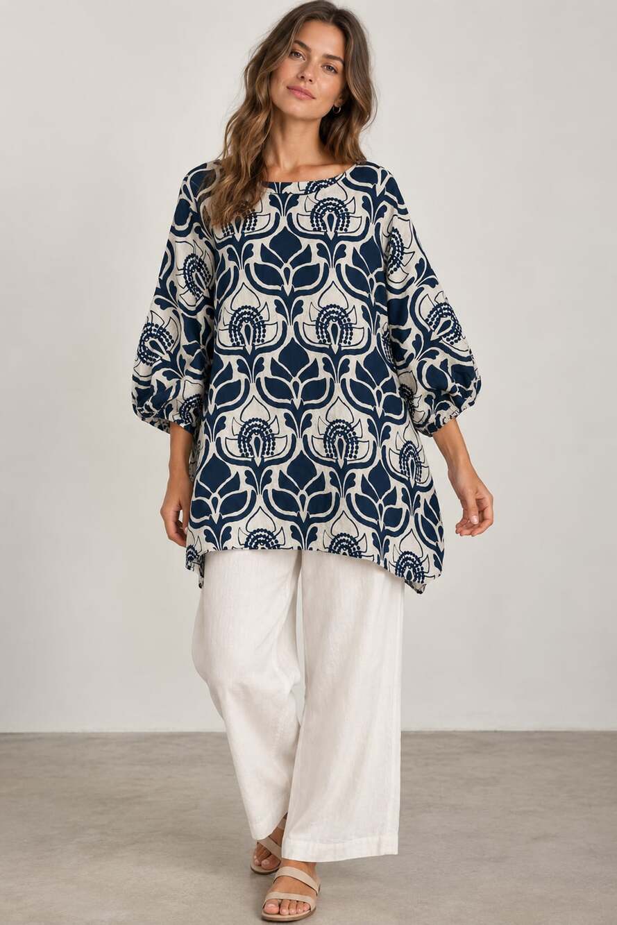 Bryn Walker Tulum Azul Cielo Print Round Neck Elbow Sleeve Tunic Size Small
